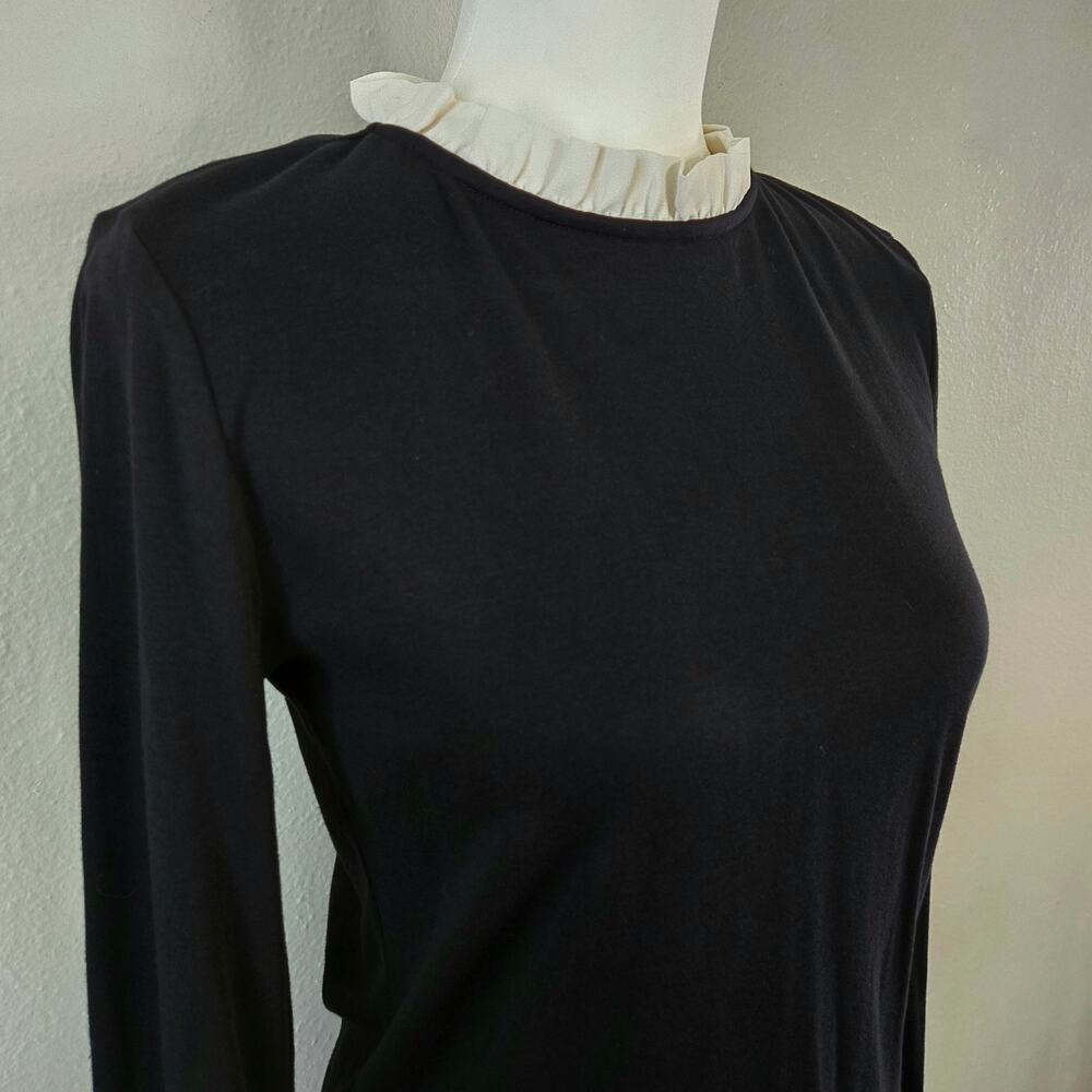 Ruffle Trim Neck Long Sleeve Blouse Black White M Ann Taylor Whimsygoth Romantic